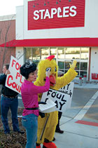 Neighborhood activist Heather Rayburn at a protest at Staples
