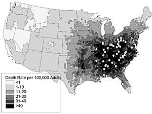 51 grandfathered power plants the EPA sued for avoiding new pollution controls when they expanded (white dots) are in the areas of highest risk for premature death due to particulate emissions from power plants.